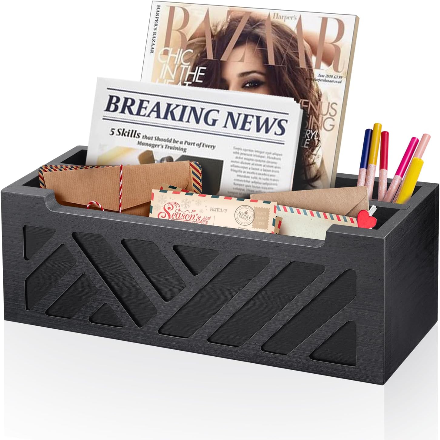 Mail Organizer Mail Holder Countertop with 2 Slots, Wood Mail Basket for Wall Table Desk, Envelope Bill Holder for Home Office Decor (Black-2) Black-2